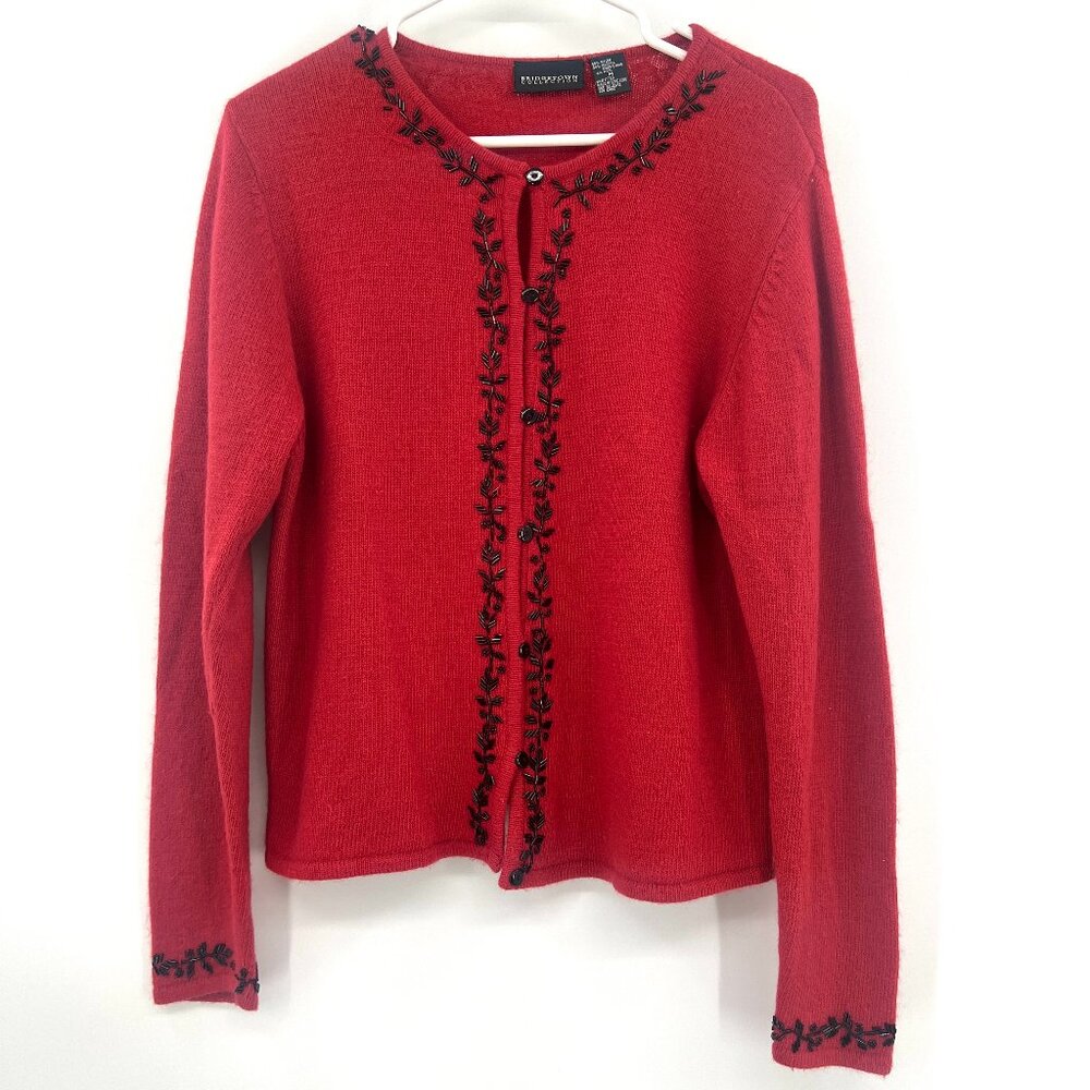 Vintage Bridgetown Collection Angora Wool Red Embellished Cardigan Medium